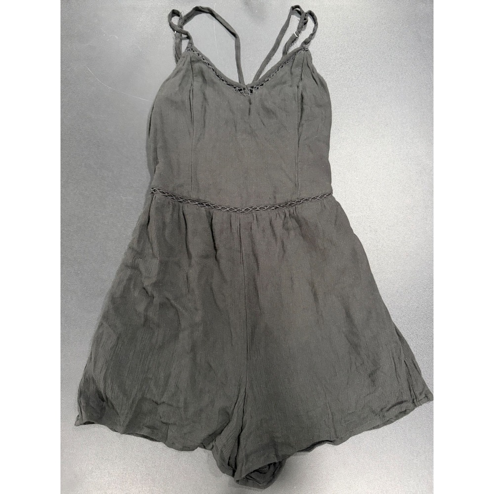 Hollister Black Crochet Lace Trim Smocked Back Romper Small Sleeveless Boho